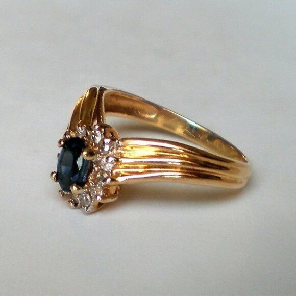 Vintage Solid 14K Yellow Gold 0.73CT Sapphire Diamond V Design Chevron Ring P - Picture 3 of 10